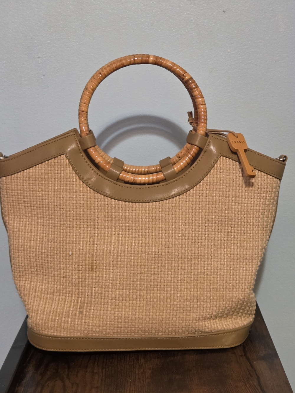 Fossil Tan Straw Tote with Round Woven Handles